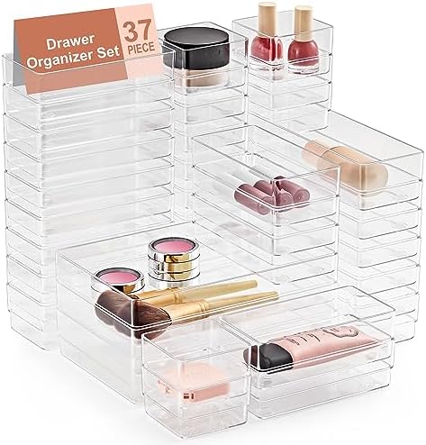 SMARTAKE 37 PCS Drawer Organizer 4 Size Desk Makeup Drawer Organizer Clear