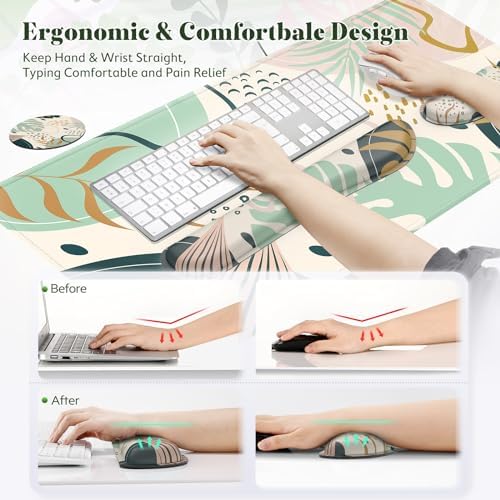 Gimars 4 in 1 Mouse Pad and Keyboard Wrist Rest Set, Large Mouse Pad with Memory Foam Wrist Support Pad for Desk with Coaster, Easy Typing Pain Relief, Gaming Office Home, 31.5x12 inch, Morandi Blue