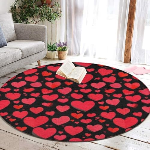 Soft Round Yoga Carpet, Large Home Decor Mat, Non-Slip Machine Washable Kitchen Office Circle Rug Compatible with Valentine's Day Elegant Red Love Heart Black