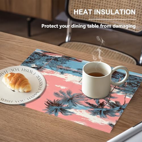 Beach Vacation Seaside Relaxation Linen Placemats, Palm Lined Shore Nautical Charm Table Mats for Table Washable Heat Insulation Thick Dining Mat, Indoor/Outdoor 12X18 in 6 Pcs