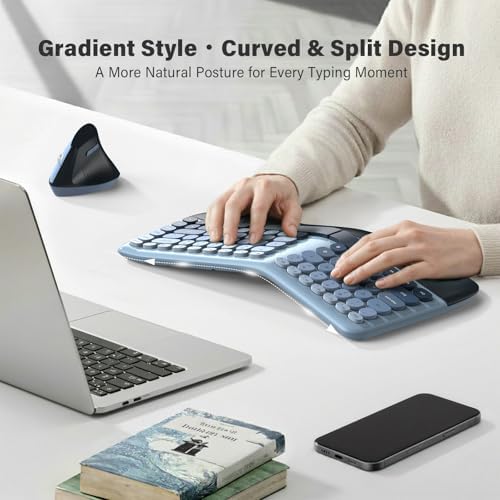 MOFII Wireless Ergonomic Keyboard & Mouse Combo – Split Curved Keyboard with Wrist Rest (All-Day Comfort) + Wireless Vertical Ergonomic Optical Mouse, Compatible with PC/Laptop/Desktop- Blue Gradient