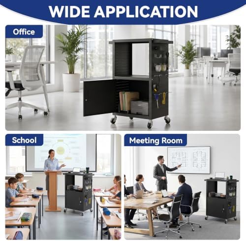 Mobile AV Cart Heavy Duty Computer Cart with Cabinet Push Handles Rolling Media Cart with Outlets Customized Pegboard & Hooks Multipurpose Utility Cart with Extra Storage Space