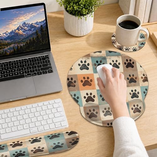 Cute Paw Print Ergonomic Memory Foam Wrist Rest Set for Keyboard and Mouse,Vintage Supportive Mouse Pad with Non Slip Base for Office Work and Gaming