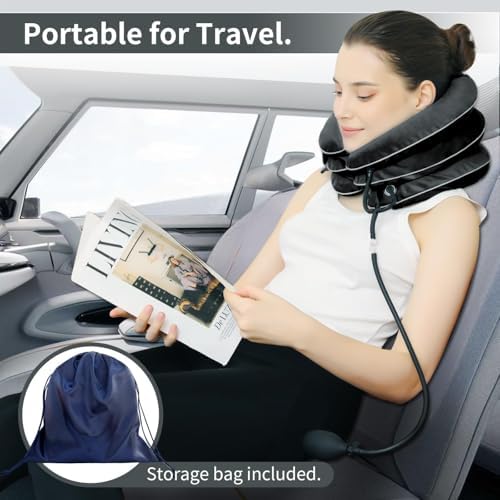 Cervical Neck Traction Device for Neck Pain Relief - Inflatable Neck Stretcher Collar for Decompression - Best Home Use Neck Brace Pump (Black Plush)