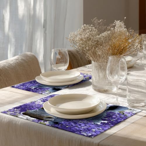 Shrahala Wild Rhinoceros Placemats, in Purple Flowers Table Mat Linen Burlap Washable Double-Deck Heat Insulation for Dining/Kitchen Table Set of 6 (12 X 18 Inch)