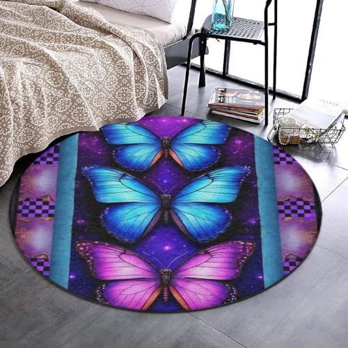 Women's Large Home Decor Mat, Soft Round Yoga Carpet, Non Slip Machine Washable Home Office Circle Rug Purple Butterfly