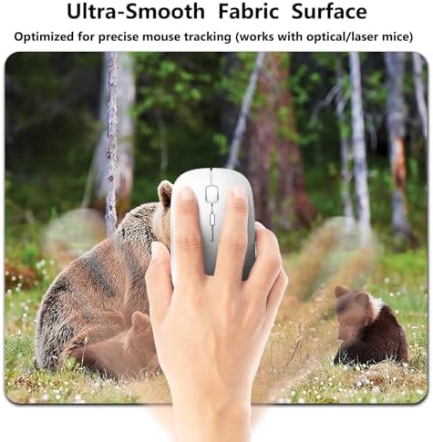 9.5x7.9 Inch Office/Gaming Mouse Pad, Adorable Brown Bear Cubs in Forest Wildlife Family in Wildflower Meadow, Cute Anti-Slip Mat for Desk Decor