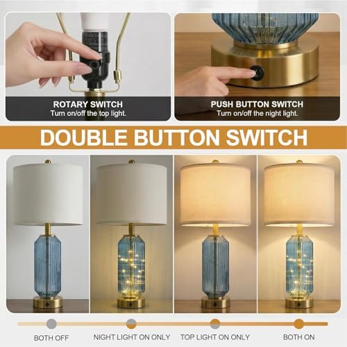 Oneach 24.5" Bedside Table Lamps Set of 2, Blue Coastal Nightstand Lamps with Night Light, USB A+C Charging Ports, Glass Lamps for Bedroom, Living Room, End Table (2 Bulbs Included)