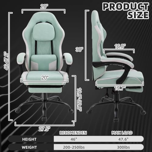 Gaming Chair for Adults, Fabric Gaming Chair with Footrest and Pocket Spring Cushion, Ergonomic Gamer Chair with Lumbar Support, Reclining Computer Gaming Chair with High Back, Light Green