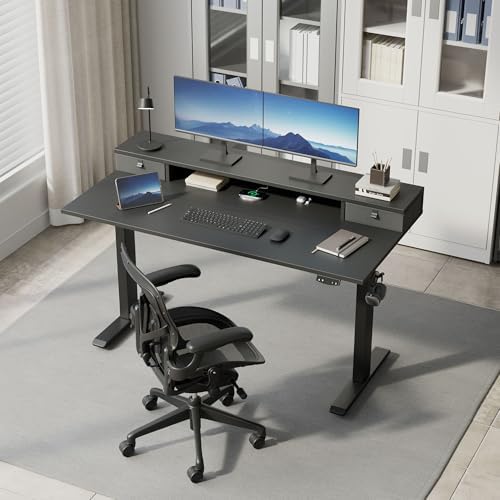 Klicelor 55 x24 Inch Electric Standing Desk with Drawers, Adjustable Height Small Sit Stand Desk for Home Office, Compact Computer Workstation with Storage– Black