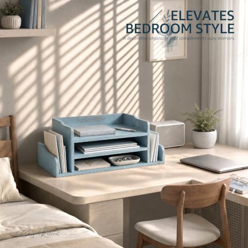Wood Desk Organizer:File Organizer with 3-Tier Shelf for Office Desk, Blue