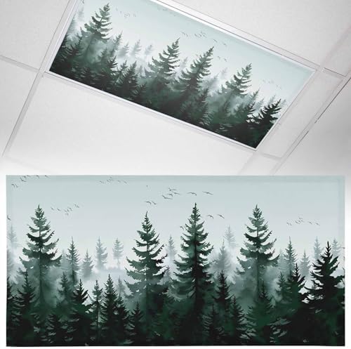 Pine Tree Forest Magnetic Fluorescent Light Covers for Ceiling Lights 2 x 4 Feet, Green Landscape Nature Decor Office Classroom Kitchen Drop Ceiling Light Covers Lighting Filters Shade Panel 1 Pack