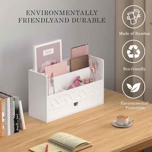 Wisuce Bamboo Mail Organizer with Drawer, Countertop Desk Organizer(White)