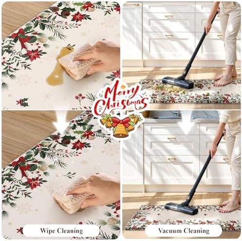 KIMODE Christmas Decor Kitchen Mats Cushioned Anti Fatigue, Beige Farmhouse Kitchen Rugs Sets of 2, Padded Kitchen Floor Mats, Non Slip Standing Mats for Christmas Decorations Laundry Office Desk