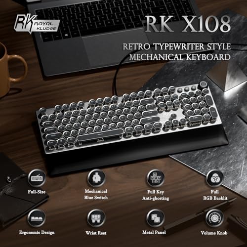 RK ROYAL KLUDGE X108 Typewriter Keyboard with Knob, Wired Mechanical Gaming Keyboard, 108 Keys RGB Backlit Sidelight, Detachable Wrist Rest, Retro Round Keycaps Blue Switches - Shadow Black