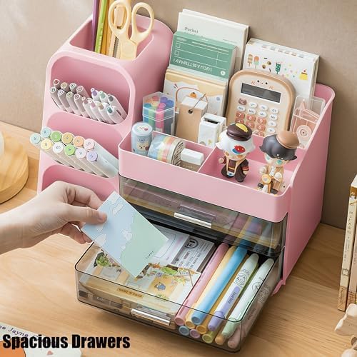 Desk Organizer with Pen Pencil Holder, Pen Organizer with 2 Drawers & 4 Compartments, Desktop Organizers and Storage for Office Home School Art Supplies (Pink)