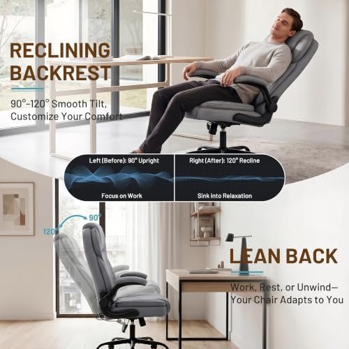 Ergonomic Office Chair, PU Leather High Back Executive Chair with Adjustable Inflatable Lumbar Support and Padded Flip-Up Arms, Recline Swivel Task Computer Chair for Home Office, Gray