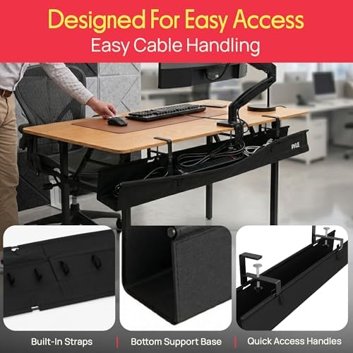 Pyle 48" Under Desk Cable Management Tray, Under Desk Wire Organizer with Clamp or Screw Mount, Desk Cable Organizer with Fabric Design for Large Workstations, Built-in Ties, 20 lb Capacity, Black
