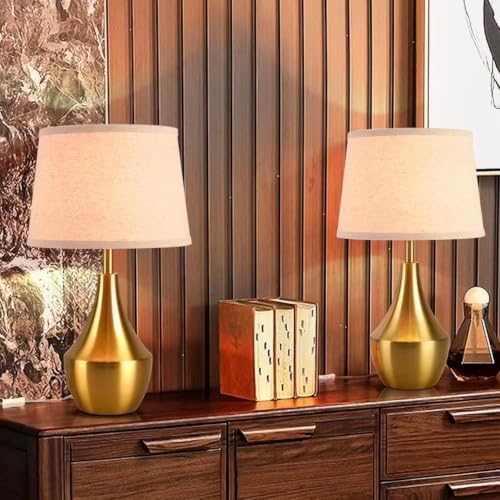 Brass Gold Table Lamps Set of 2, 19.3" Modern Bedside Table Lamp for Bedroom Nightstand, Cute Table Lamps for Living Room, Office Desk, End of Table