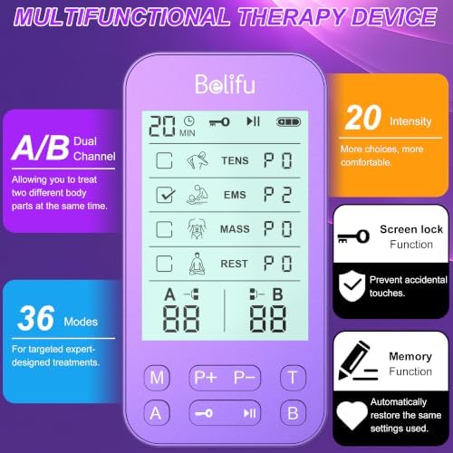 Belifu TENS Muscle Stimulator Unit for Pain Relief, Electronic Pulse Therapy Machine with 36 Mode 20 Intensities, Rechargeable & Portable – Neck, Back, Shoulder, Joint Pain Relief, Color Purple