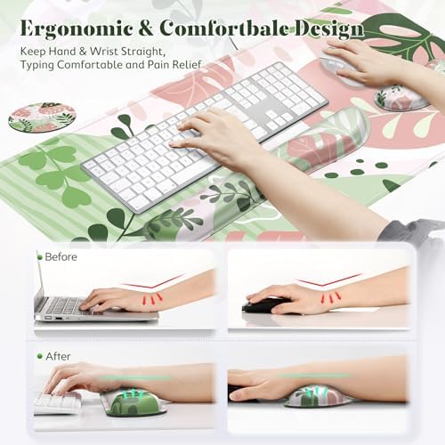 Gimars 4 in 1 Mouse Pad and Keyboard Wrist Rest Set, Large Mouse Pad with Memory Foam Wrist Support Pad for Desk with Coaster, Easy Typing Pain Relief, Gaming Office Home, 31.5x12 inch, Morandi Pink
