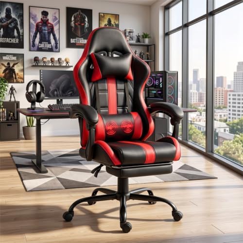 Gaming Chair with Ergonomic Footrest & Massage Lumbar Support, Red
