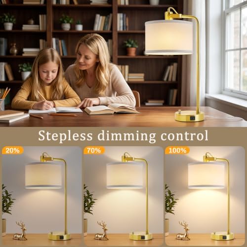 Gold Table Lamp Set of 2, USB A+C, 180° Adjustable Bedside Lamps, Dimmable