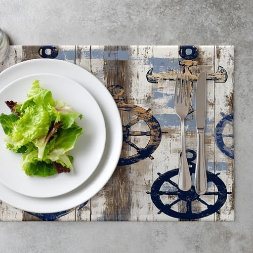Seafaring Maritime Elements Linen Placemats, Ocean Inspired Coastal Vibes Table Mats for Table Washable Heat Insulation Thick Dining Mat, Indoor/Outdoor 12X18 in 6 Pcs
