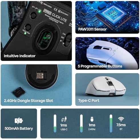 EPOMAKER Click Lite Wireless Gaming Mouse, 800 to 12,000 DPI Adjustable, PAW3311 Sensor, 500mAh, 59g, 2.4G/BT/USB-C Rechargeable Wireless Mouse with 5 Programmable Buttons for PC/Mac/Linux (White)