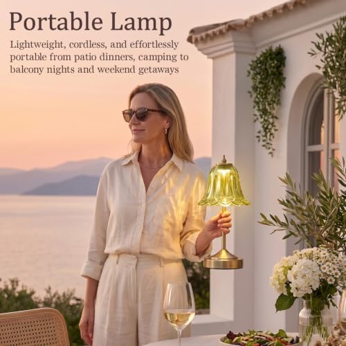 Cordless Table Lamp, Rechargeable Green Glass Tulip Flower Touch Lamp