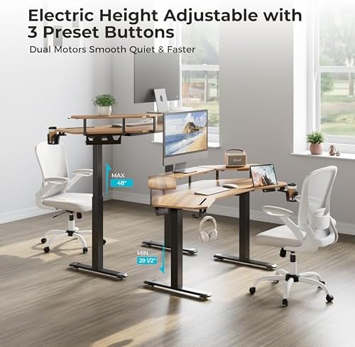 EUREKA ERGONOMIC Standing Gaming Desk with Dual Motor,63" Wing Shaped Computer Desk w Mouse Pad, Electric Adjustable Height Table w LED Monitor Stands,Slot Design,Walnut