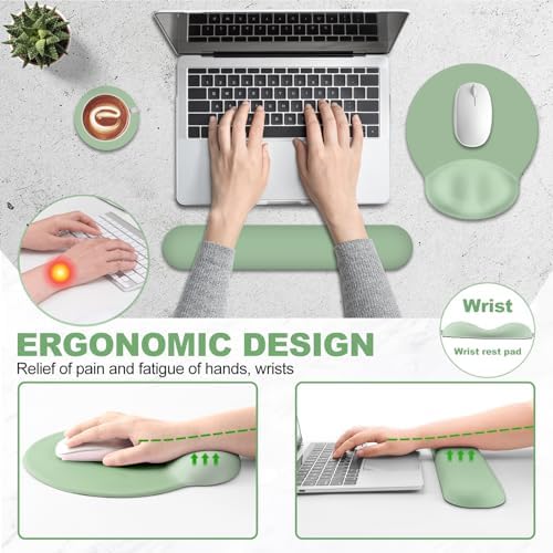 AIMSA Mouse Pad with Wrist Rest Support, Keyboard Wrist Rest Set, Ergonomic Memory Foam Mousepad for Computer Keyboard, Easy Typing and Pain Relief, Green
