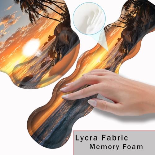 Mouse Pad,Large Pink Desk Mat, 4in1 XXL Mousepad + Keyboard Wrist Rest+Mouse Wrist Rest+Coaster Set with Ergonomic Desk Pad for Home Office Table Computer-Sunset Beach