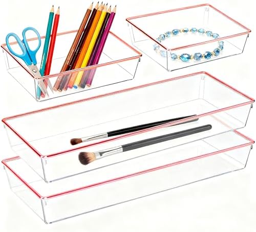 4 Pack Large Size Clear Stackable Drawer Organizer Trays, Rose Gold Rim Makeup Drawer Storage Tray Divider, Desk Storage for Makeup, Jewelry, Bathroom, Stationary, Kitchen Utensils and Office Desk