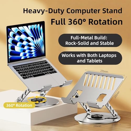 360° Rotatable Height-Adjustable All-Metal Dual-Bar Laptop Stand, Anti-Slip Heat-Dissipating for MacBook Pro/Air (10-17"), Tablet, Gaming, Office, Home, Drawing - Gray