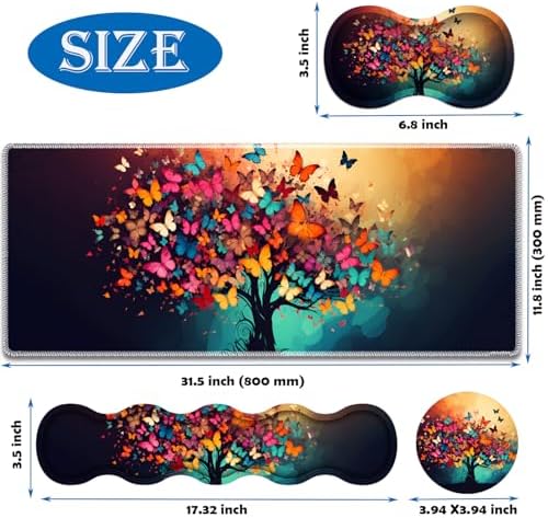 4 in 1 Mouse Pad Combo, Large Gaming Mouse Pad + Keyboard Wrist Support + Mouse Wrist Rest + Coaster, Table Pad 31.5 "x 11.8" with Memory Foam Ergonomic Wrist Pad Set, Colorful Tree Butterfly