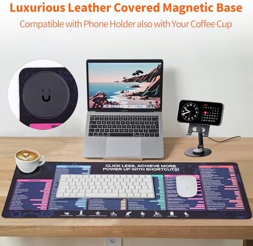 Office Pro Shortcuts Mouse Pad with Magnetic Wireless Charger & Holder Large Desk Mat with Keyboard Shortcuts with 15W Fast Qi Wireless Charging Compatible with iPhone Samsung Smartphones