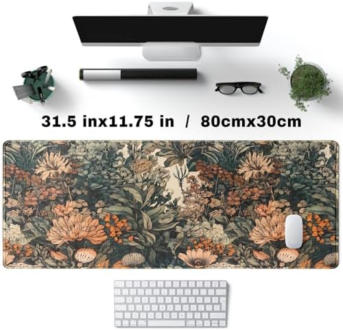 Flower Vintage Desk Pad Aesthetic Desk Mat Flower Mouse Pad Computer Big Mousepad Non-Slip Base Gaming Keyboard Giant Mouse Pad Computer Mat for Laptop Office with Stitched Eges 31.5x11.8 in