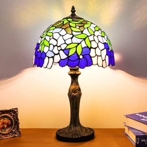 Stained Glass Table Lamp, Blue Green Wisteria Style Antique Bedside Reading Light 12X12X19 Inches, Adjustable 3 Color Temperature Decor for Bedroom Living Room