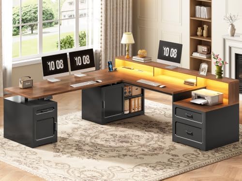 SEDETA Farmhouse L Shaped Standing Electric Desk with Storage, Black