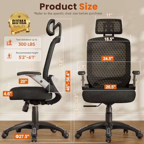 GABRYLLY Ergonomic Office Chair, High Back Home Desk Chair with Flip-Up Arms, 3D Headrest, 90-120° Tilt and Wide Cushion Seat, Big and Tall Computer Chairs for Man Woman, Mesh Chair -Midnight Cloud