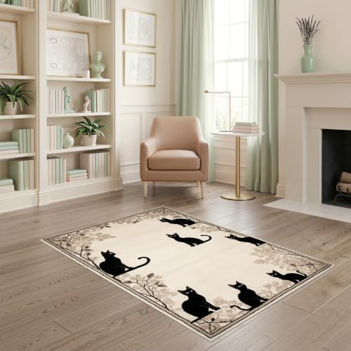 4'x6' Black Cat Taupe Design with Motifs Ultra-Soft Area Rug
