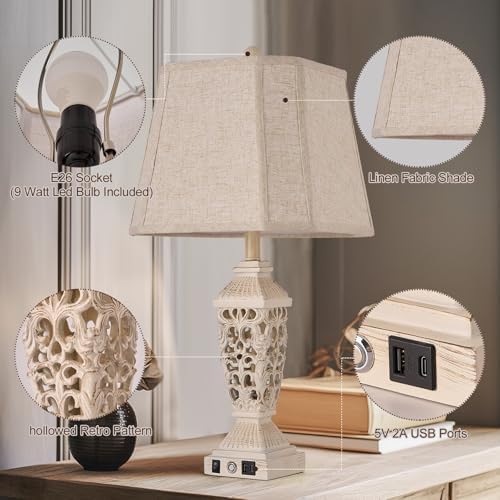 AIDENOEY Farmhouses Table Lamp with USB & USB-C Charging Ports, 3-Color Dimmable & Stepless Bottom Dimming, Touch Control & Switch, Vintage Bedside Lamp for Bedroom Living Room Office,(27.5" high)