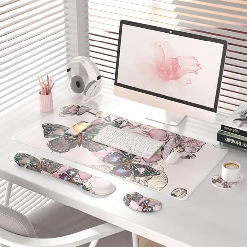 QiyI PU Leather Desk Mat Set, 4-in-1 Ergonomic Wrist Rest, Butterflies