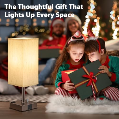 Brown Bedside Table Lamps Set of 2 - Dimmable, USB C+A, 2 AC Outlets