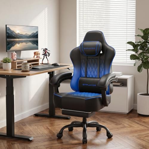 GTPLAYER Big and Tall Gaming Chair with Footrest, Ergonomic Office Desk Chair with 4.4in Thick Cushion and Wide Wingless Seat, Comfortable Leather Computer Chair, Predator Series, Blue Gradient