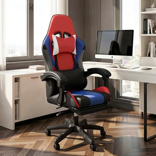 J.M.-Deco Gaming Chair Office Chair-Big and Tall Office Ergonomic Chair with Foot Rest - Comfy Desk Chair with Lumbar Support,Black and Red