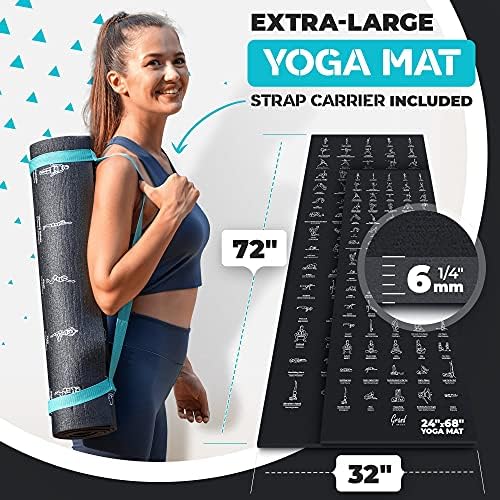 Instructional Yoga Mat with Carrying Strap: Cute Yoga Mat with 75 Illustrated Yoga Poses + 75 Easily-Followed Stretching Exercises - 1/4” Thick, Non-Toxic, Non-Slip Yoga Mats for Women and Men