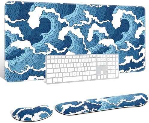 Auhoahsil Large Mouse Pad with Wrist Rests for Keyboard & Mouse, Thick Soft Ergonomic Memory Foam Wrist Supports, Big & Long Desk Mat 35.5 x 15.7 in, for Office Gaming Computer, Blue Wave