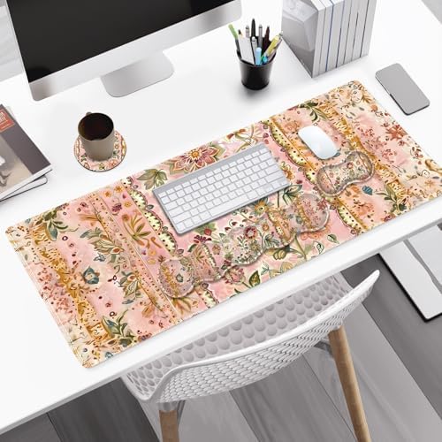 Desk Mat Gaming Mouse Pad, Cute Desk Matt Keyboard Wrist Rest for Desktop, Anti-Slip Mousepad w/Stitched Edges, XXL Large Mouse Pad with Wrist Support for Desk Computer I Pink Retro Flower Vine